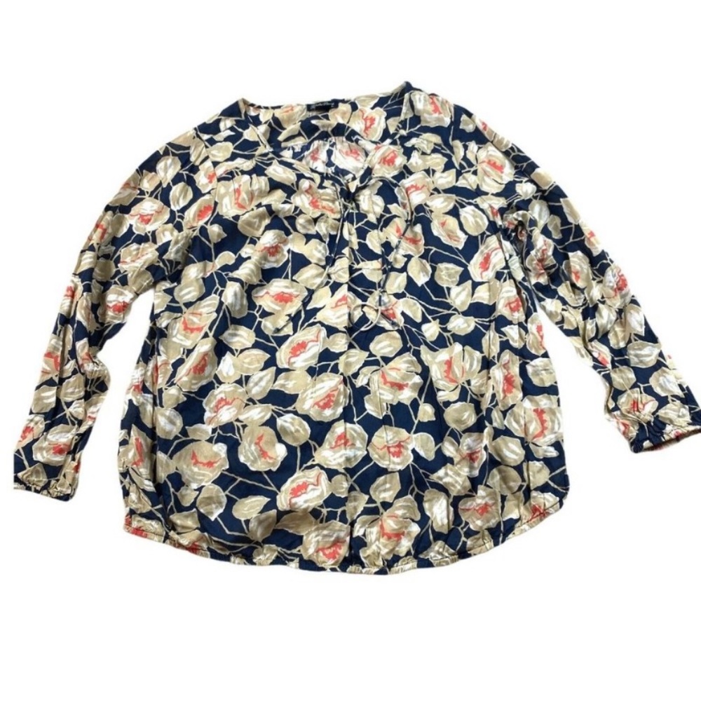 Lucky Brand Floral Print Top - Navy and Beige